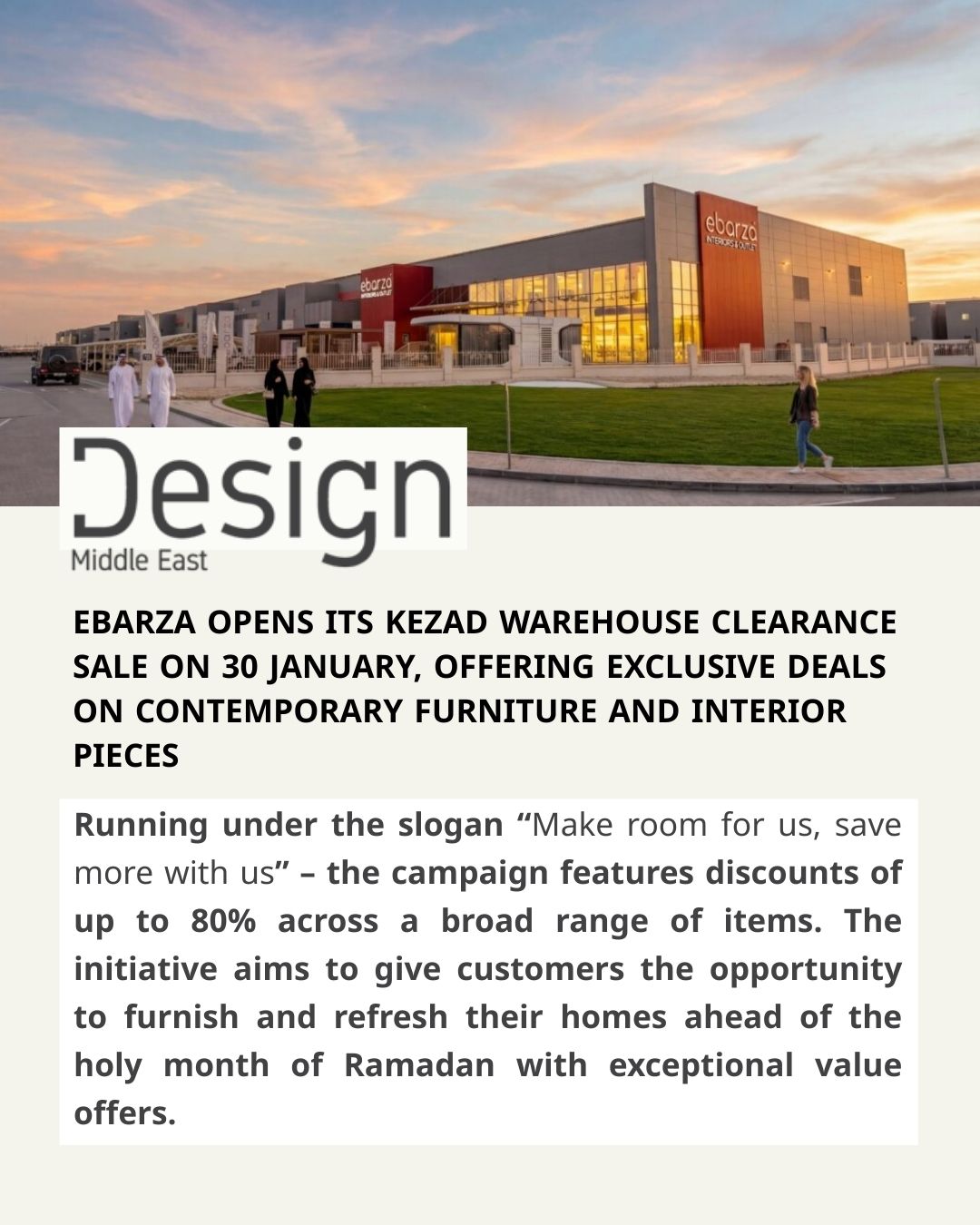 Design Middle East: Ebarza Launches Massive Warehouse Clearance Sale At KEZAD