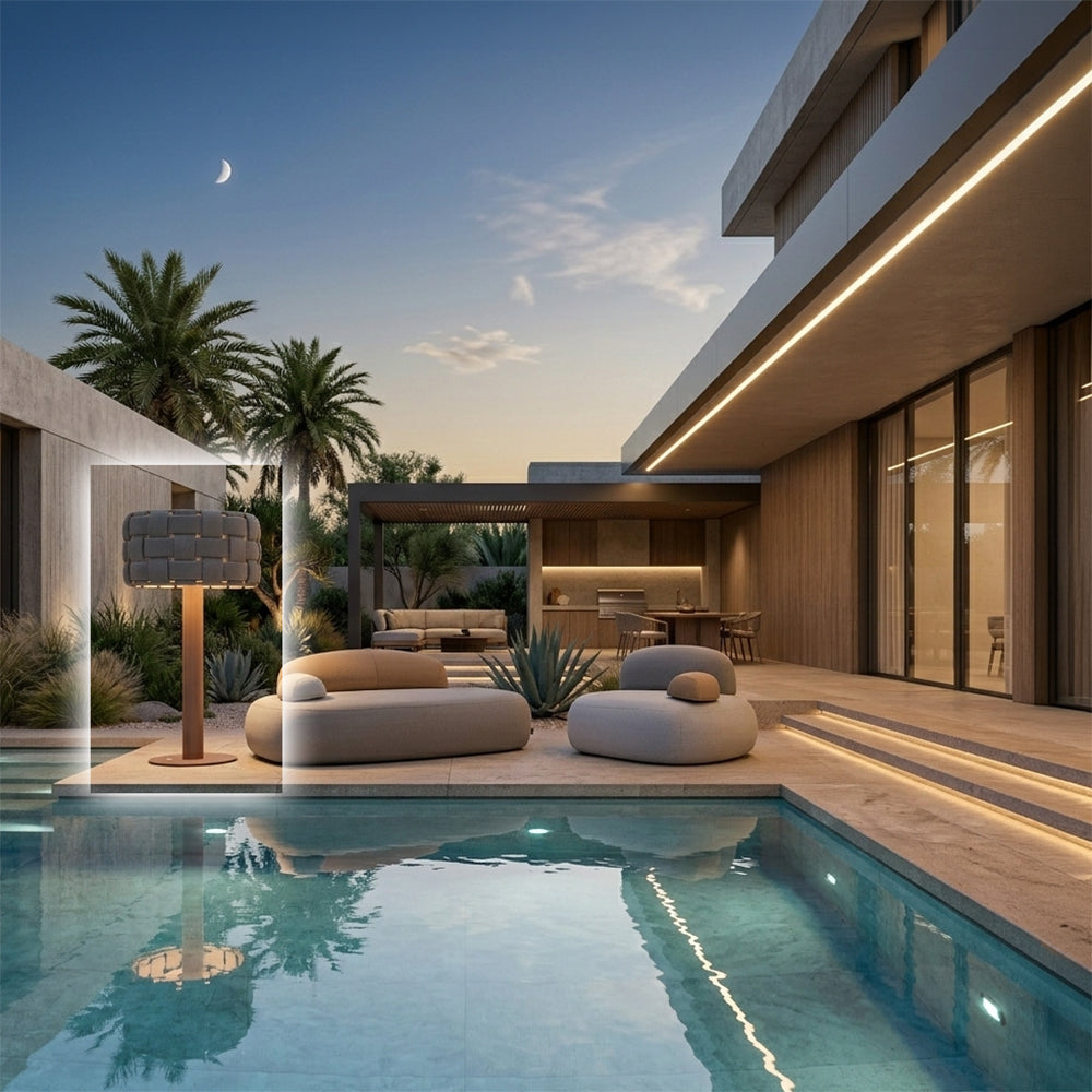 BEACON DHODG Dai outdoor floor lamp with solar power, smart outdoor lighting, black finish, and modern design.