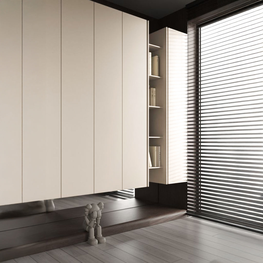 Sample of BEACON WPC slat wall panel in Milk Coffee color, 350x24cm, showcasing the 4-side wrapped design and edge banding.