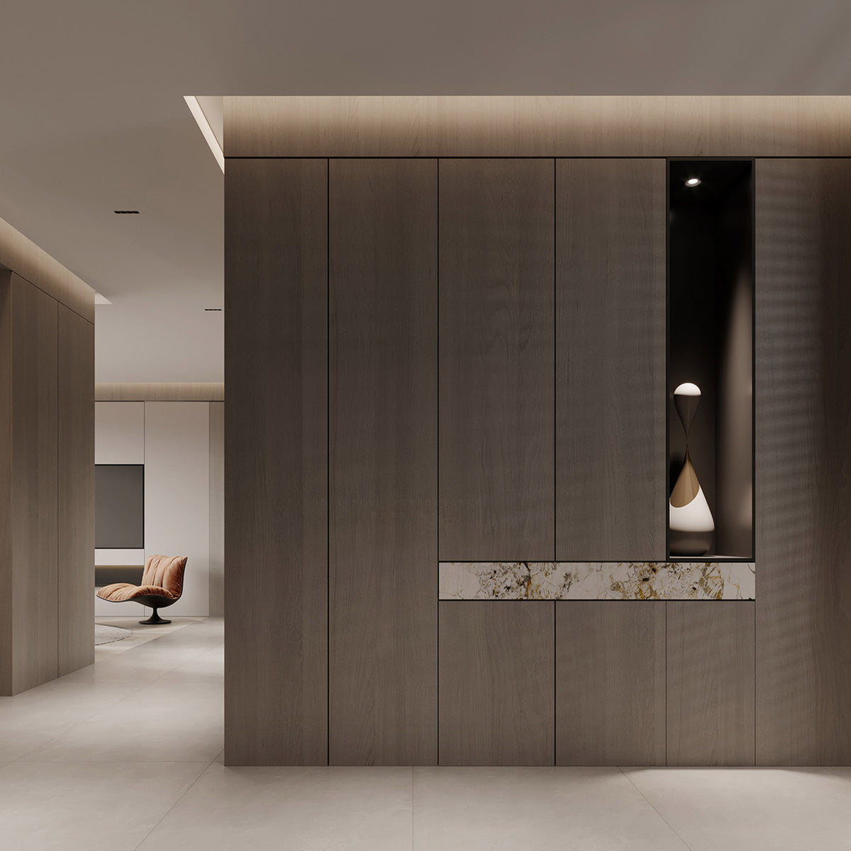 Grey oak WPC wall panel with 350x24 cm Manhattan Grey Oak design, 4-sided wrapped for multipurpose wall decoration.