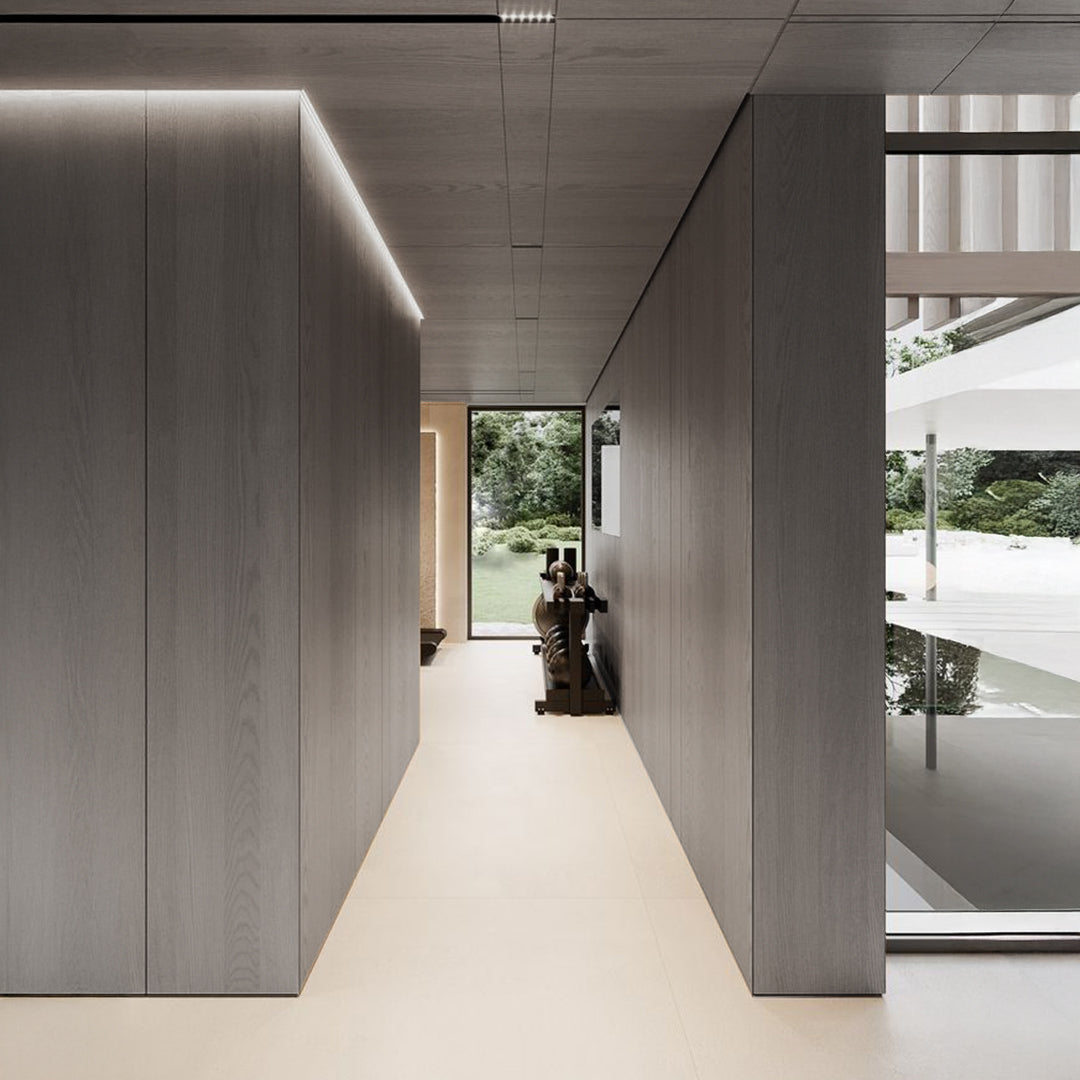 WPC wall panel in taupe elm color with stitching and film folding, 122x320cm, by BEACON decorative wall panels.