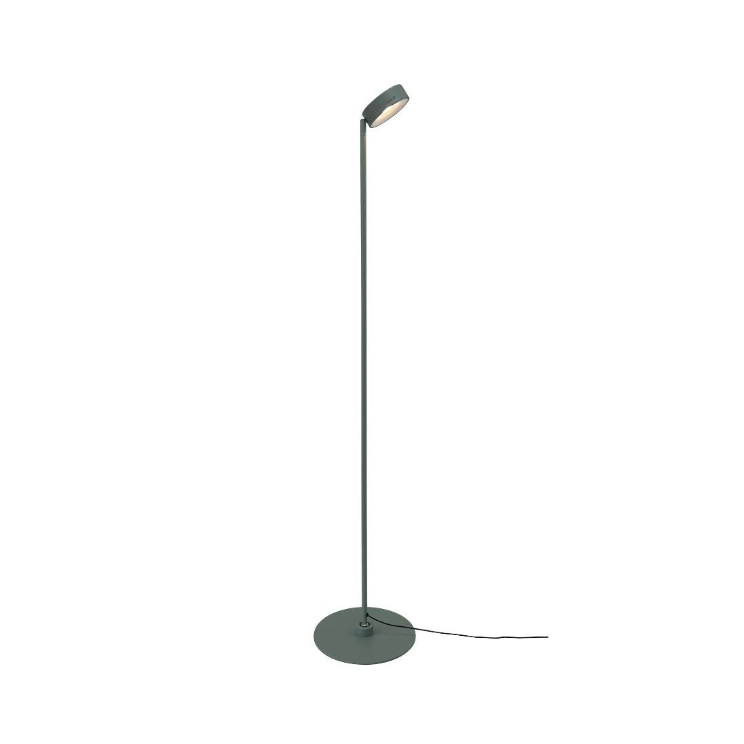 BEACON Spire Floor Lamp with tall, sleek design and adjustable arm, standing on a modern living room floor.