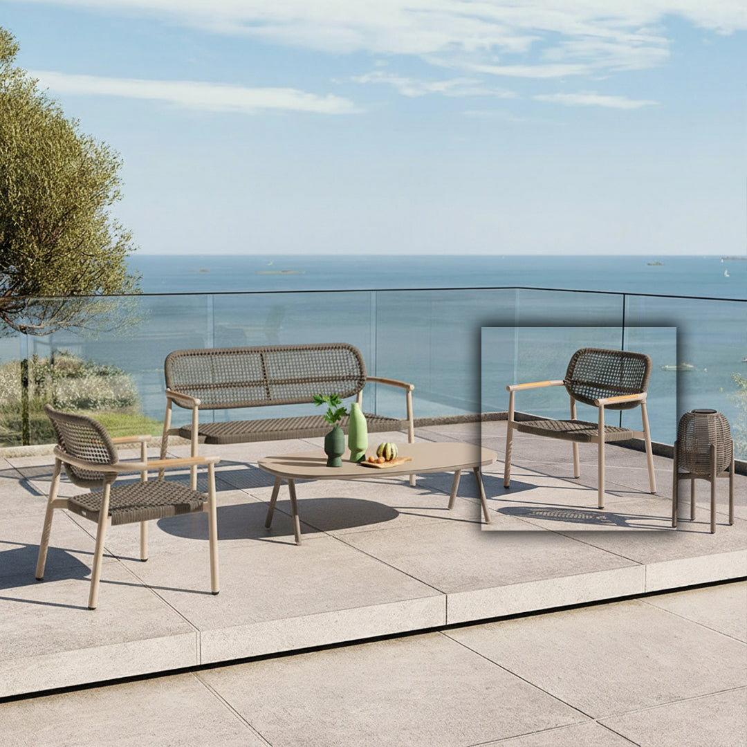 Outdoor lounge armchair with rope accents by Beacon, featuring a modern design and comfortable seating for outdoor spaces.