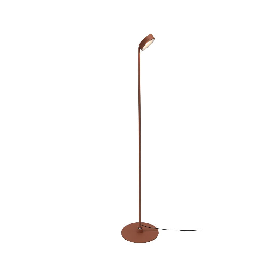 BEACON Spire Floor Lamp in orange with tall, sleek design and modern lighting style, standing on a hardwood floor.