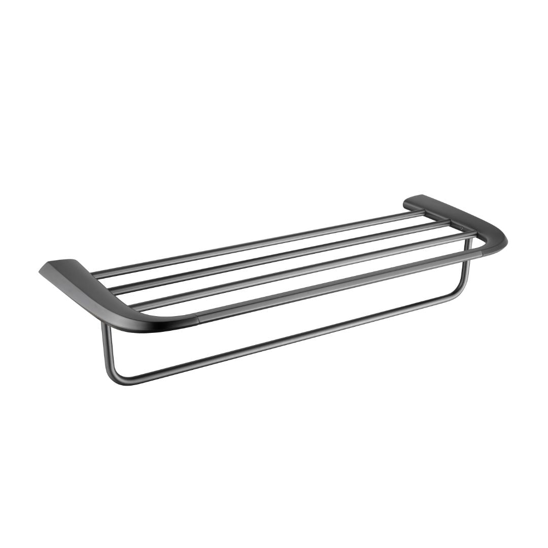 Gun metal towel shelf with hooks by BEACON, sturdy towel hanger and hook rack for bathroom organization.