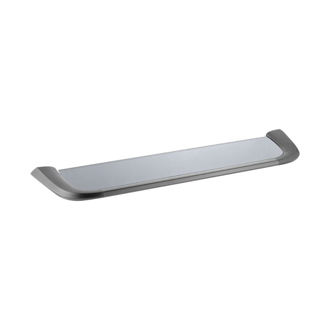 Gun metal glass shelf with towel hanger hooks by BEACON, featuring sleek design and sturdy construction for bathroom or kitchen use.