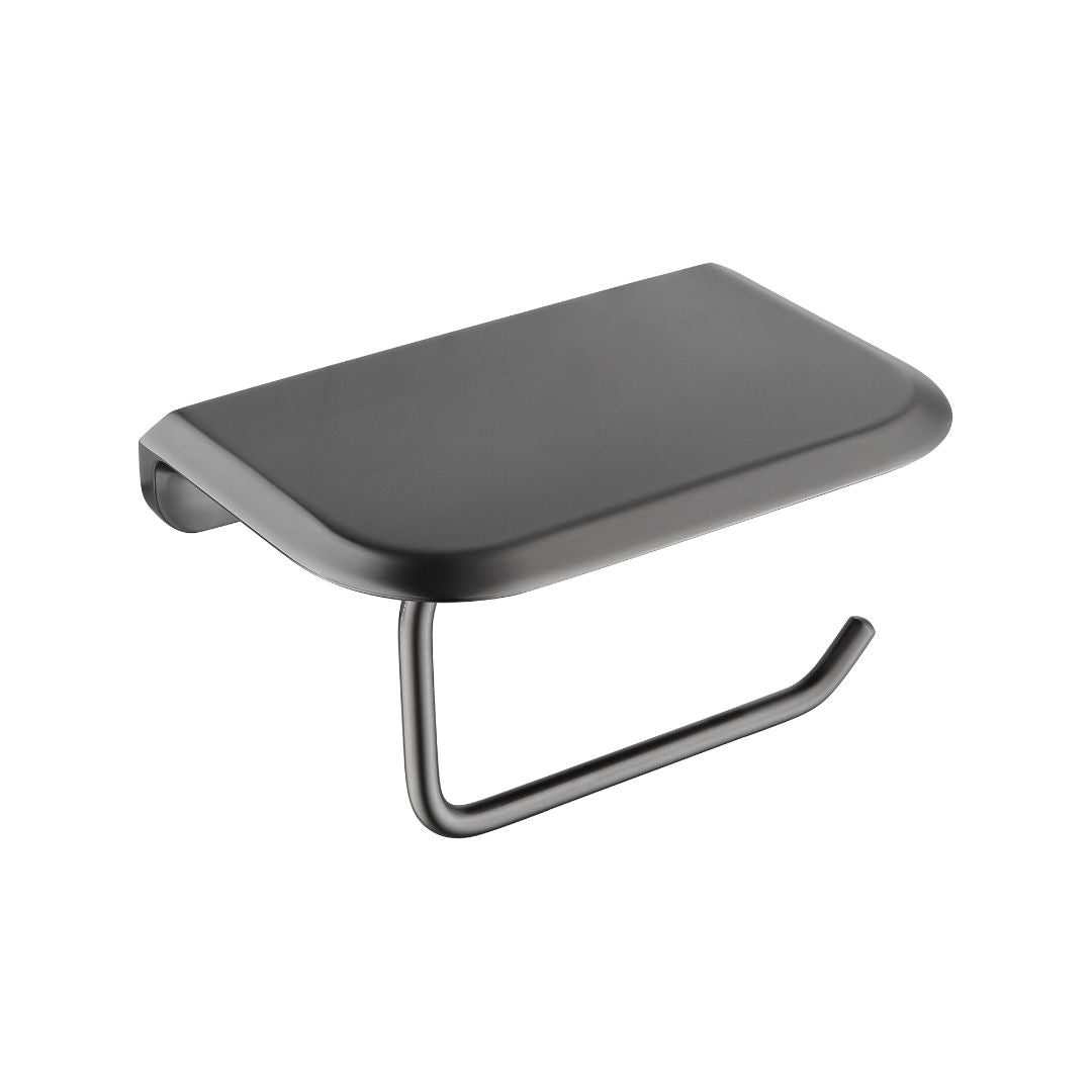 Gun metal tissue holder with towel hanger hooks by BEACON, sleek bathroom accessory with modern design.