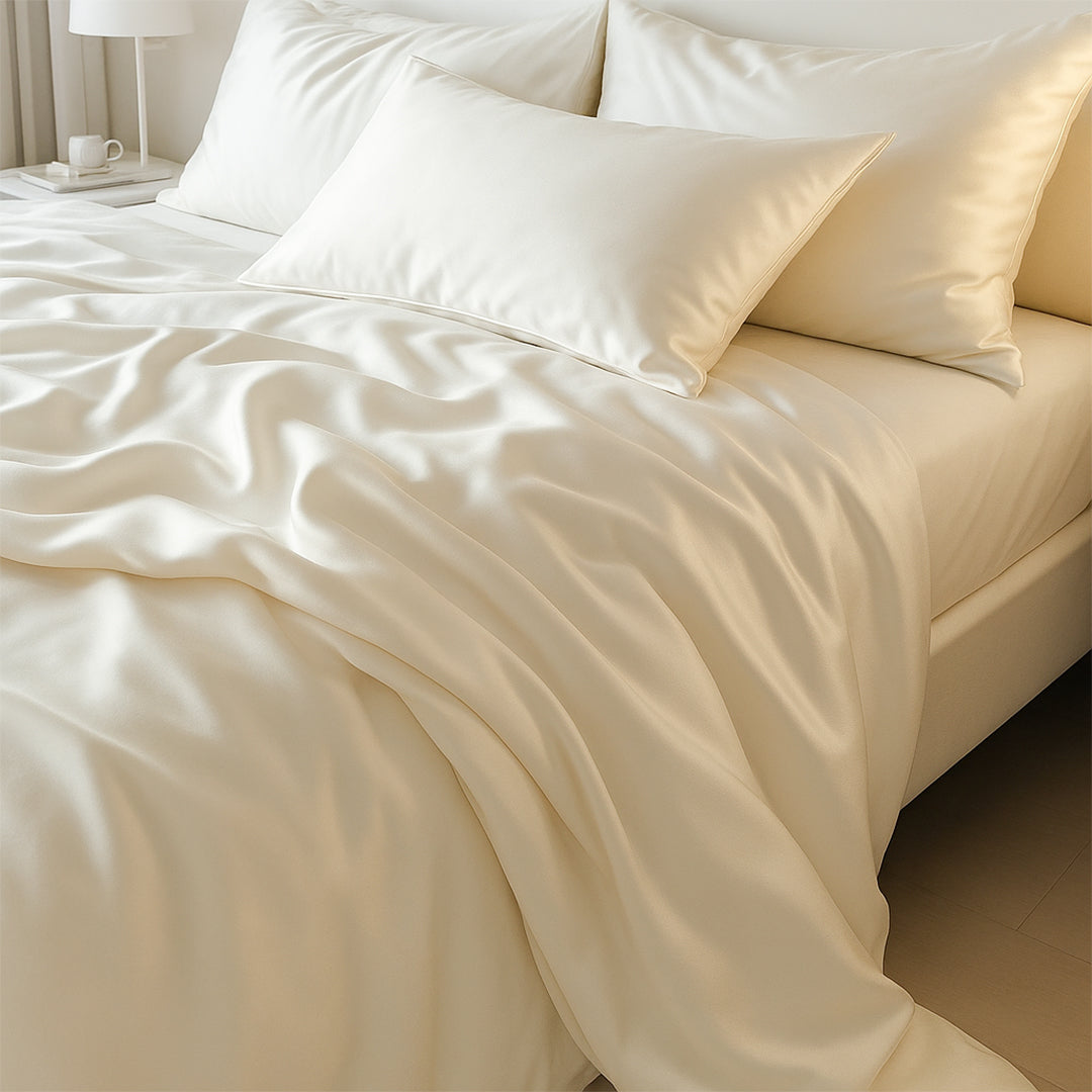 Ivory double bed sheet made of 16mm silk from BEACON, featuring a smooth, luxurious bedding fabric with a soft, elegant appearance.