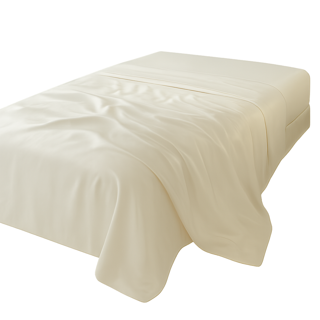 Ivory double bed sheet from BEACON, 245x260 cm, made of 16mm silk, showing smooth fabric and elegant texture.