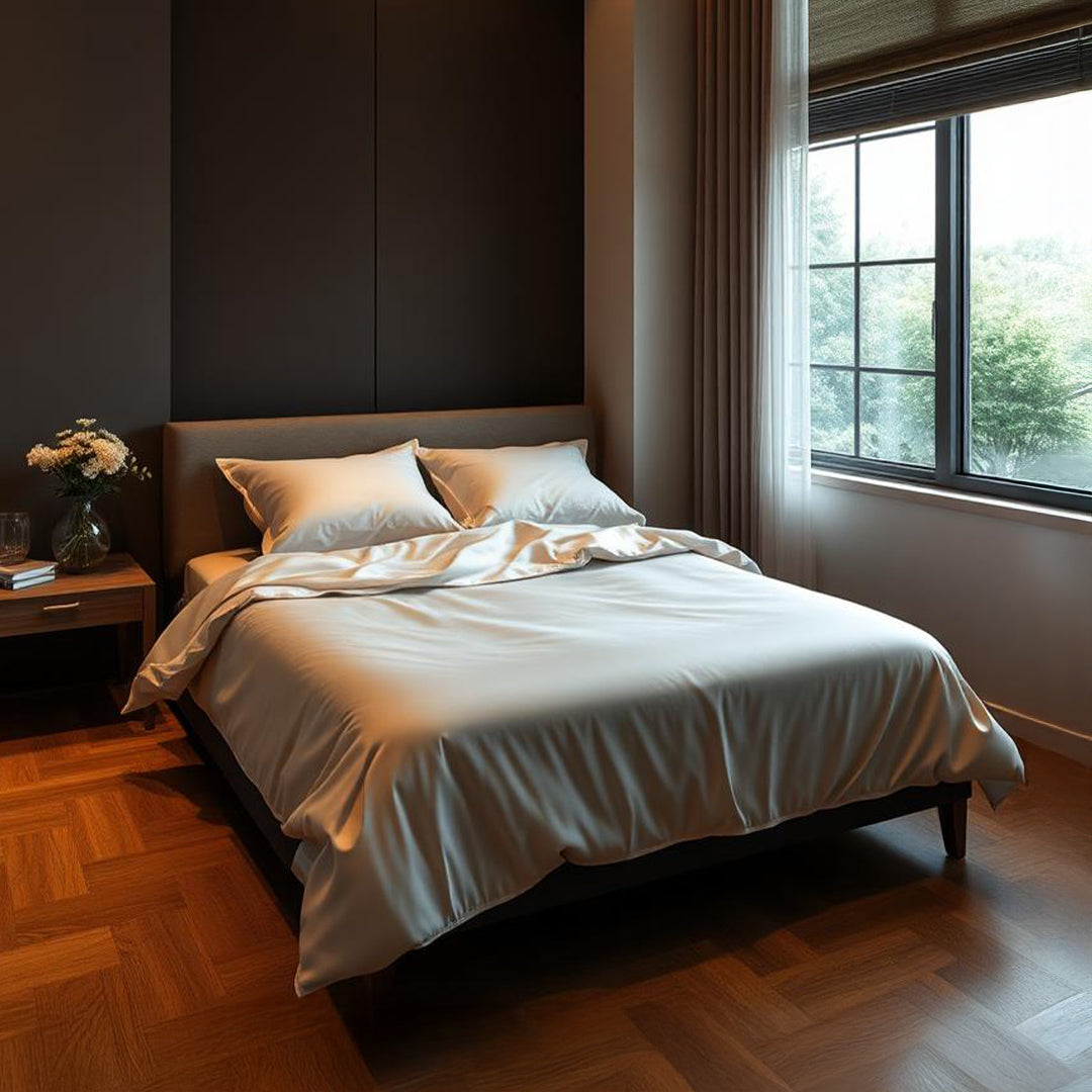 Ivory double bed sheet made of 16mm silk from BEACON, featuring a smooth, luxurious bedding design in a 245x260 cm size.