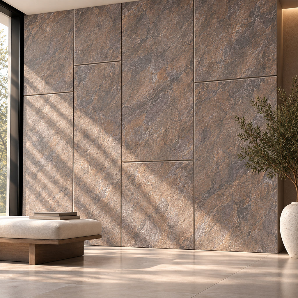 Rust-colored Flex Stone Cladding Slate wall panels in 290x116cm size, showing textured, natural slate surface for interior or exterior use.