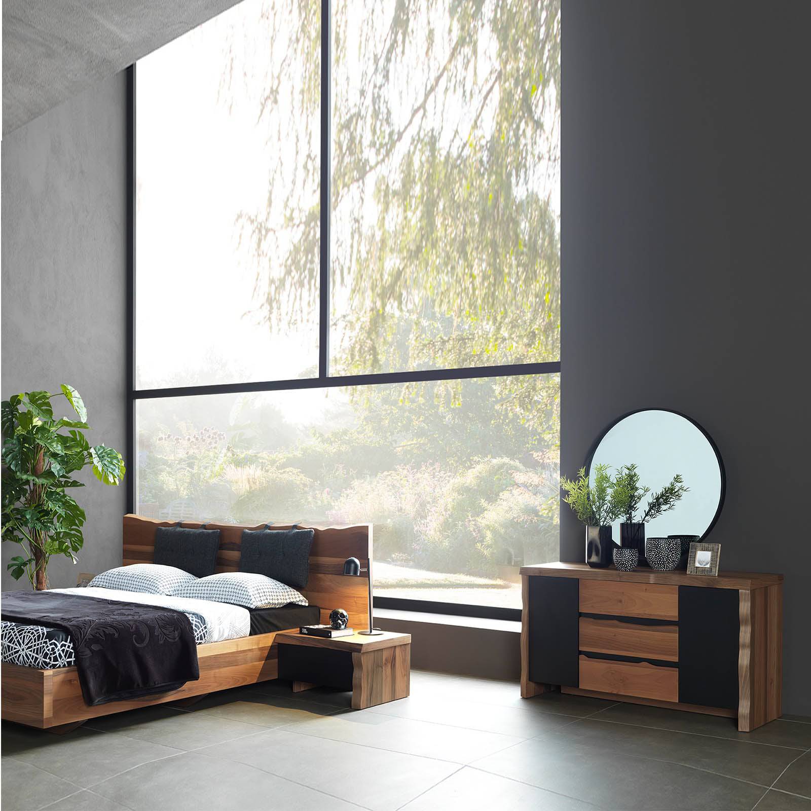 Pair of Monaco bedside tables by YOL LIVING with wooden finish, modern design, and storage drawers for bedroom decor.