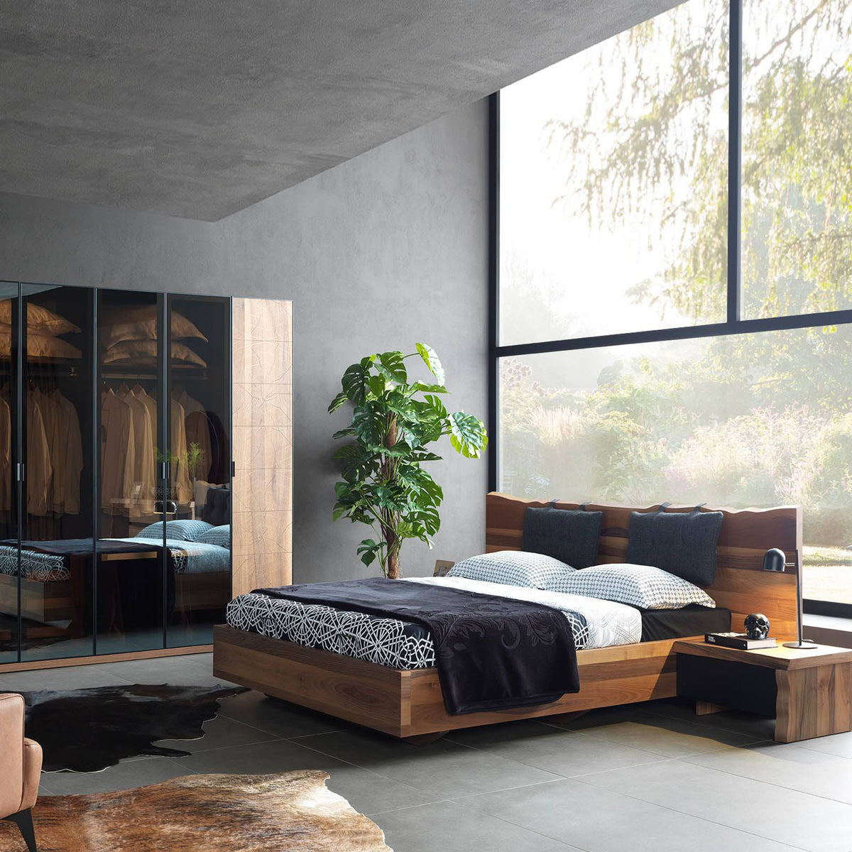 Pair of Monaco bedside tables by YOL LIVING with wood finish, featuring sleek design and storage drawers for bedroom decor.