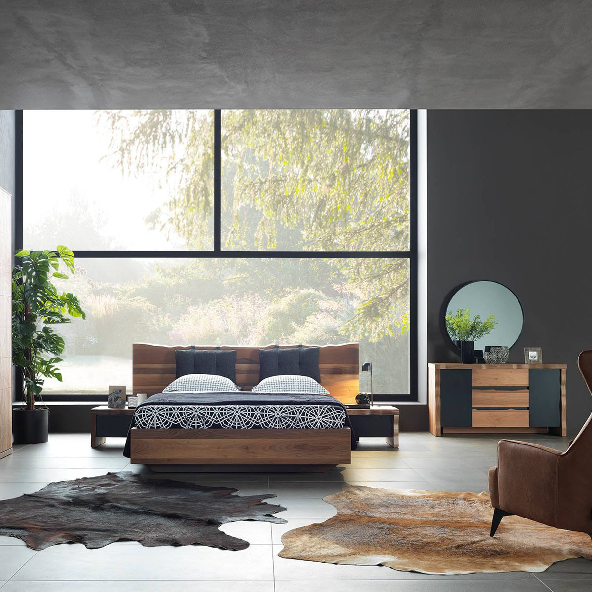 Pair of Monaco bedside tables by YOL LIVING, featuring sleek wood finish and modern design, shown side by side.