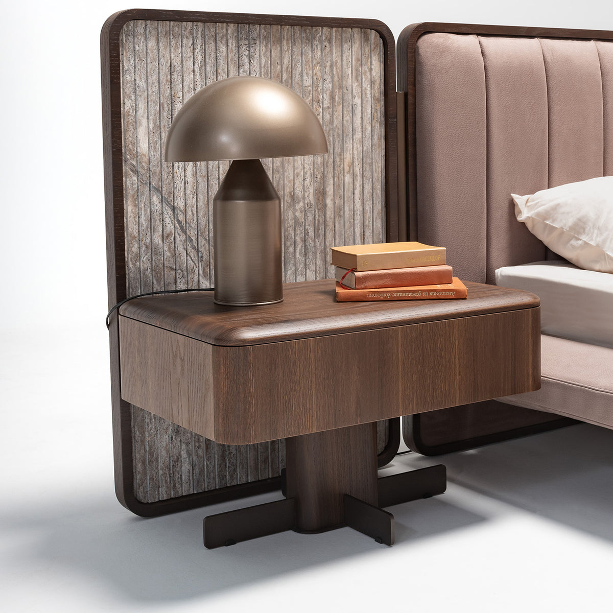 Pair of HOMAGE KOLTUK Odeon Nightstand bedside tables with sleek design and wood finish, shown from front view.