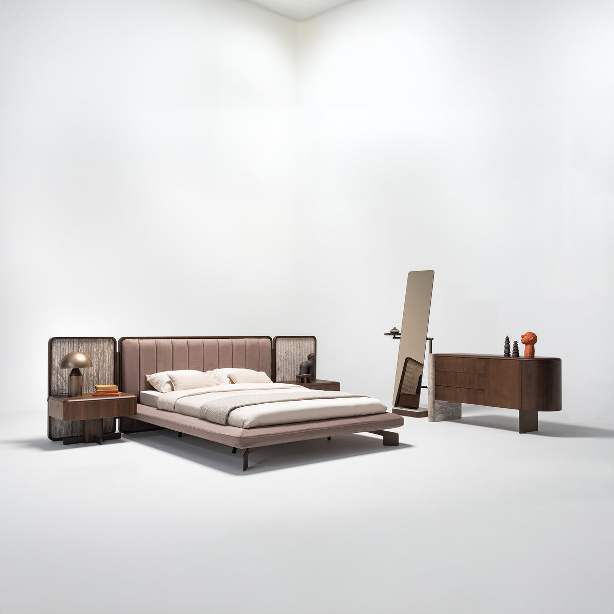 Two HOMAGE KOLTUK Odeon Nightstands OD-NS-001, modern bedside tables with sleek design and storage drawers.