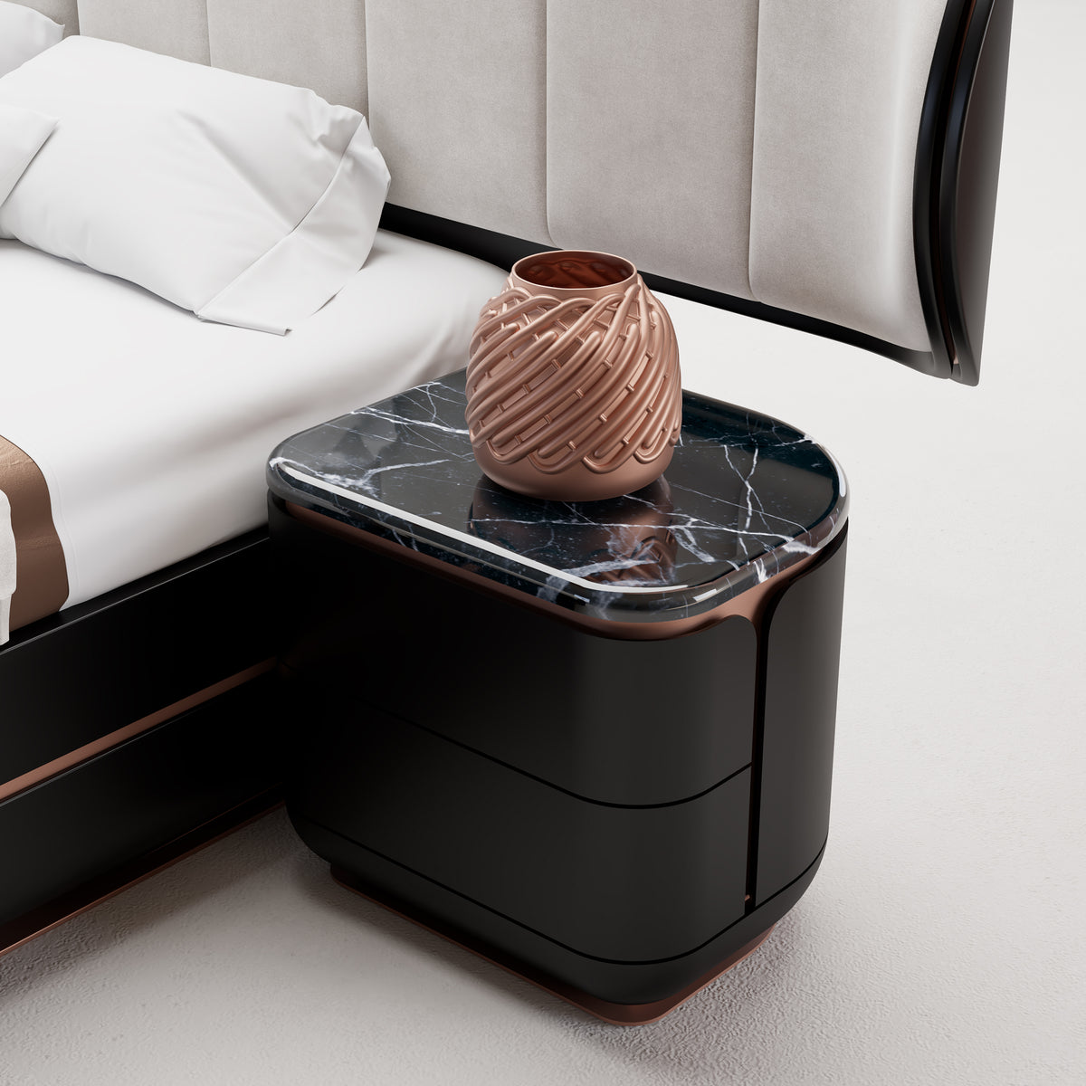 Two black Tulip bedside tables by LODA FURNITURE with sleek, modern design, featuring smooth surfaces and sturdy legs.
