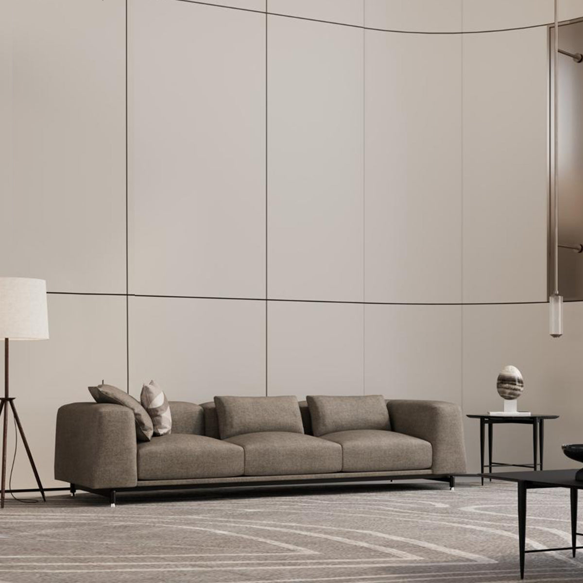 Light grey and yellow khaki WPC wall panel from BEACON with skin-like texture, 300 x 120 cm decorative panel for interior walls.
