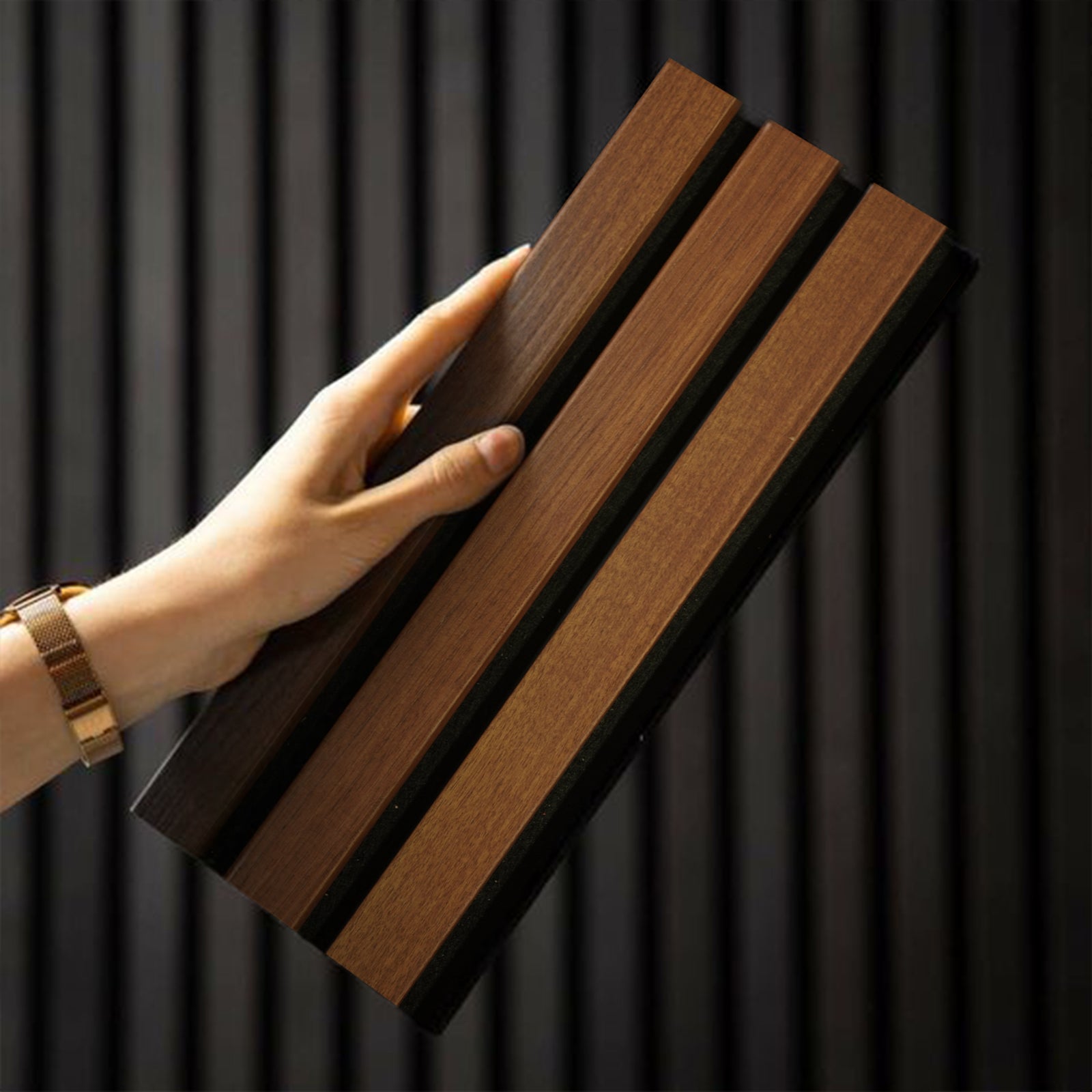 Sample of Slat Acoustic Panel 35-15mm Fire Retardant 300x60x2.1cm Walnut-Oak002 -Sample - Wall panels samples - ebarza Furniture UAE | Shop Modern Furniture in Abu Dhabi & Dubai - مفروشات ايبازرا في الامارات | تسوق اثاث عصري وديكورات مميزة في دبي وابوظبي