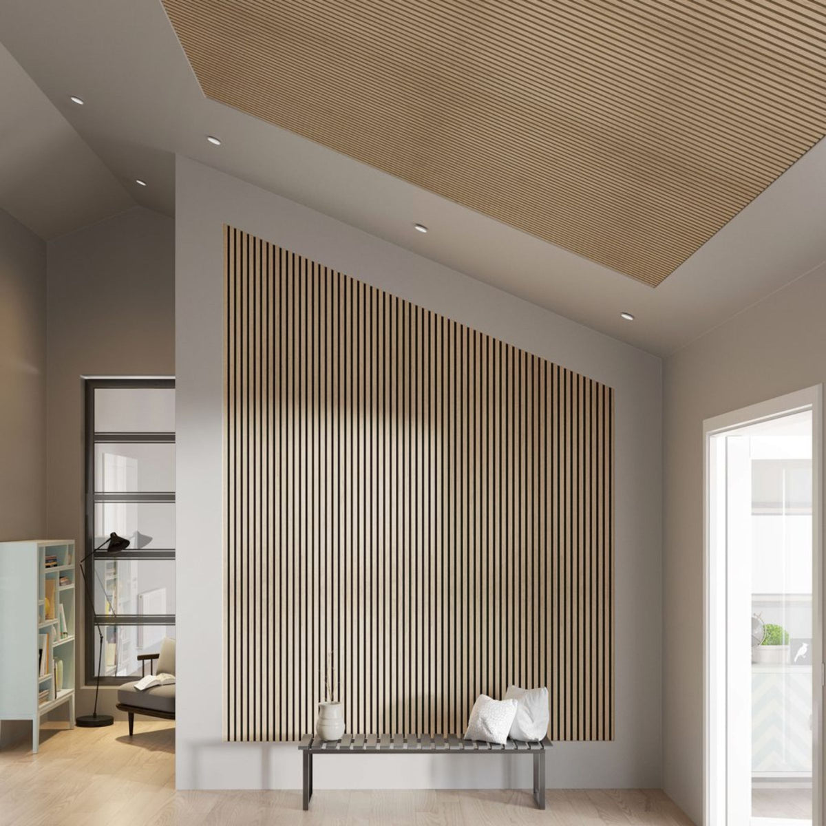 Light grey BEACON 300x60x2.1cm slat acoustic wall panel with fire retardant and white oak finish, decorative interior decor.