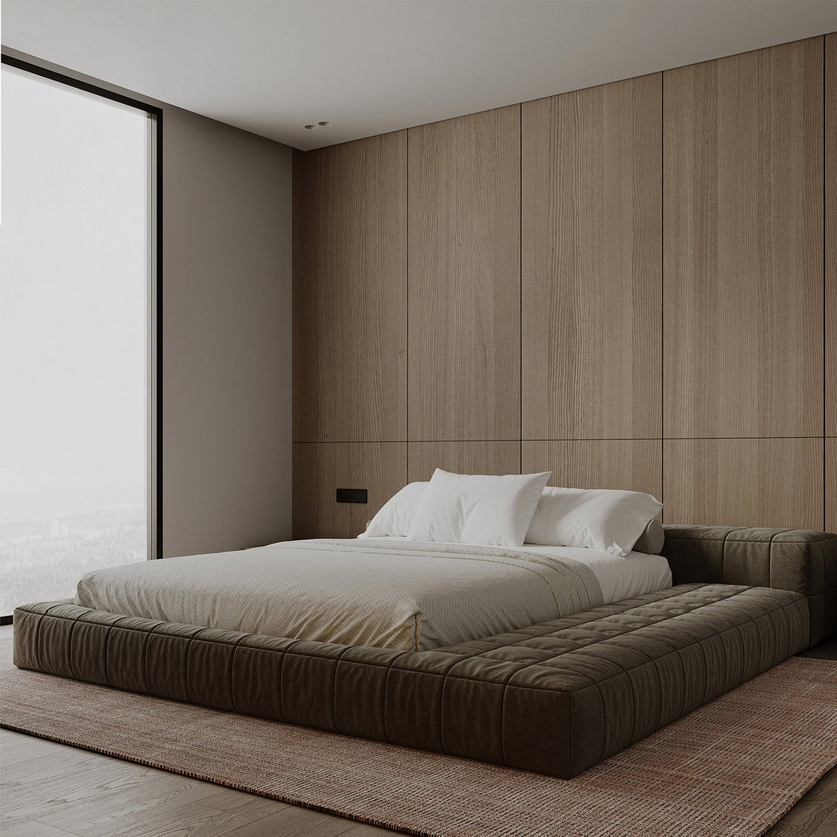 WPC wall panel with North American Oak finish, 320x122cm, featuring stitch detailing for decorative interior wall accents.