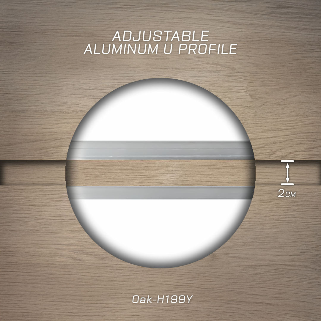 Adjustable aluminum U-profile wall panel in North American Oak H199Y color, suitable for interior wall paneling and profiles.