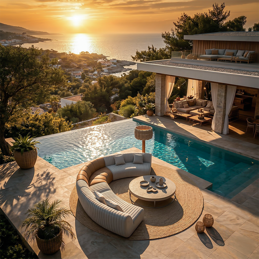 BEACON outdoor Duna 3-seater sofa with matching two armchairs, modern outdoor furniture set in a garden setting