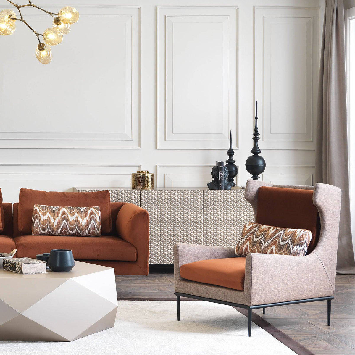 YOL LIVING Vittoria 4 Seater Sofa Set, modern upholstered sofas with plush cushions in a stylish living room setting.