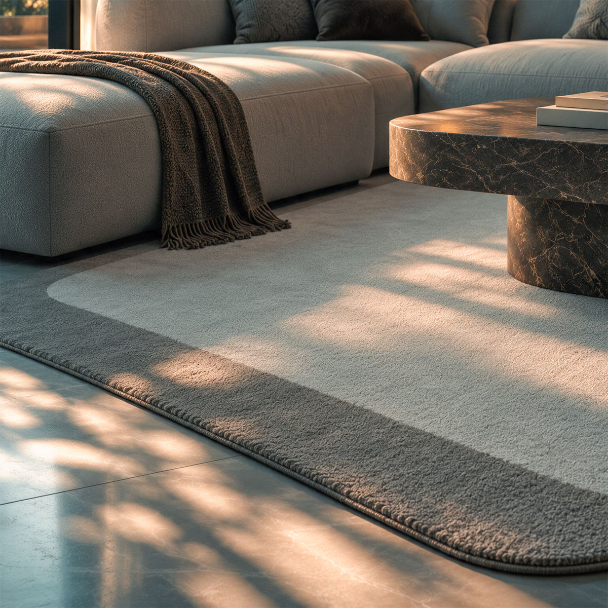 COOL HALI FRAME-01 handmade rounded corner rug, 450x300 cm, beige and gray geometric design