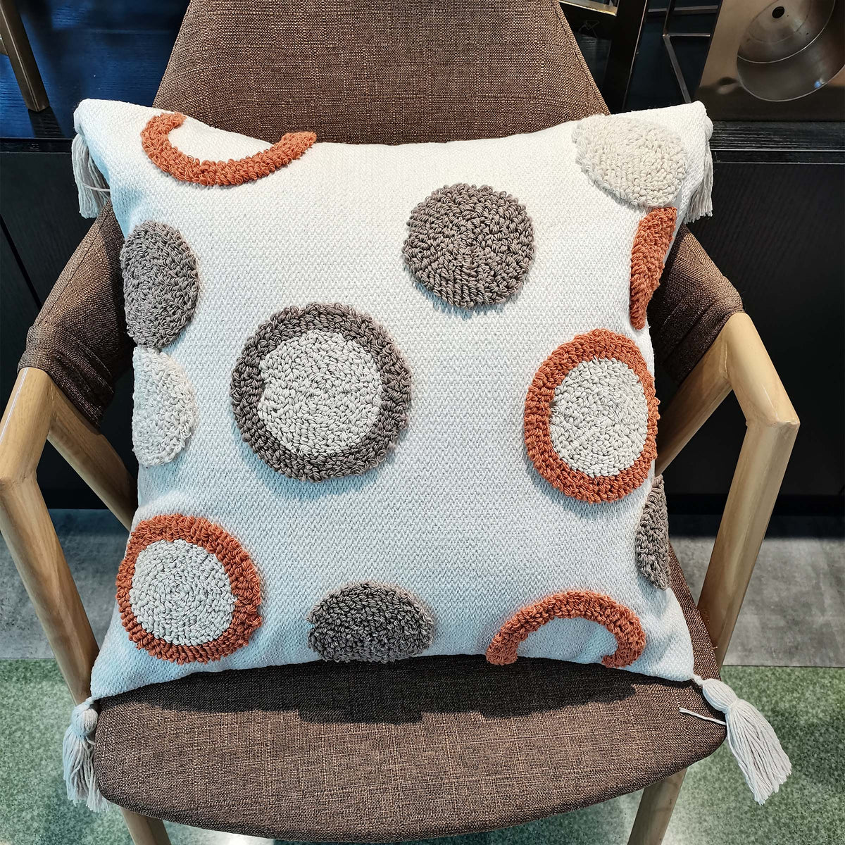 Grey and white 45x45 cm dot tufted cotton cushion by BEACON, perfect for sofa or bed décor.
