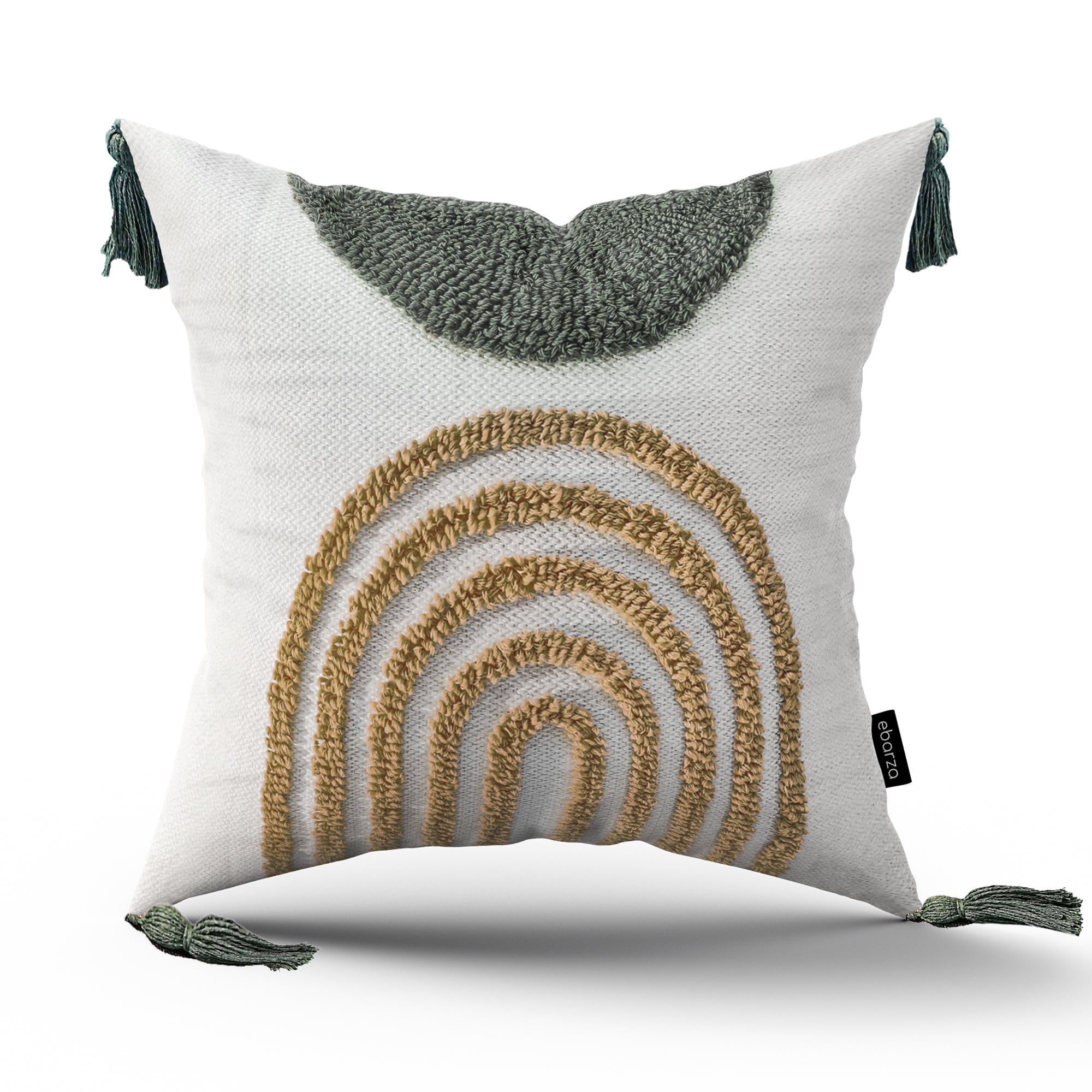 White cotton semi-circle tufted cushion measuring 45x45 cm from BEACON, featuring green and white design details.
