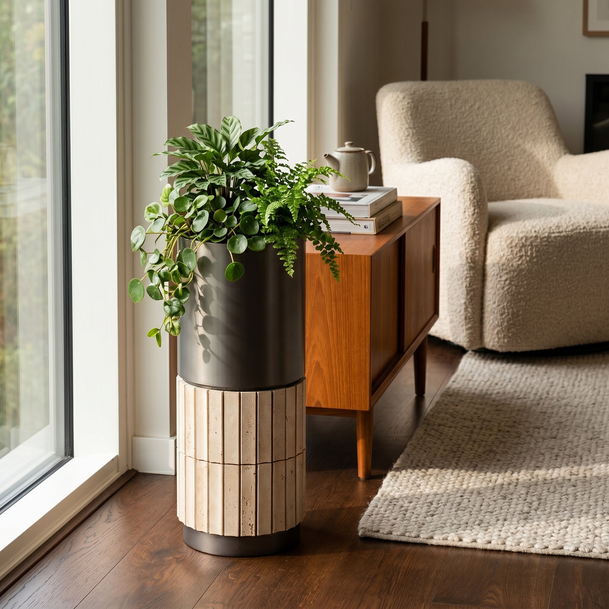 Urban Terra Cylinder Planter Box by ebarza, modern cylindrical outdoor planter with textured surface and sleek design.