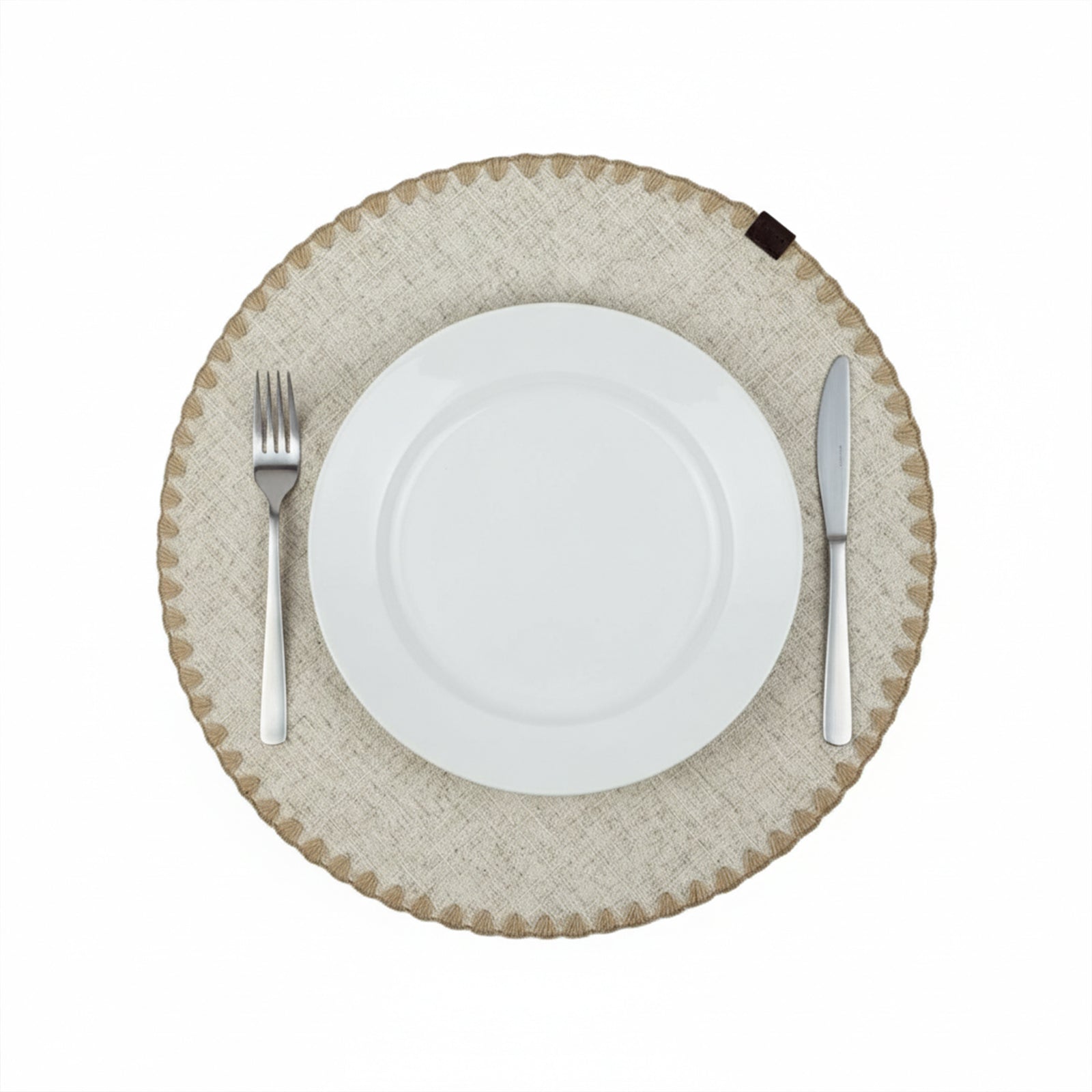 Beige Dineva placemat with shelled edge and double-layer design from BEACON, showcasing its textured surface and elegant finish.