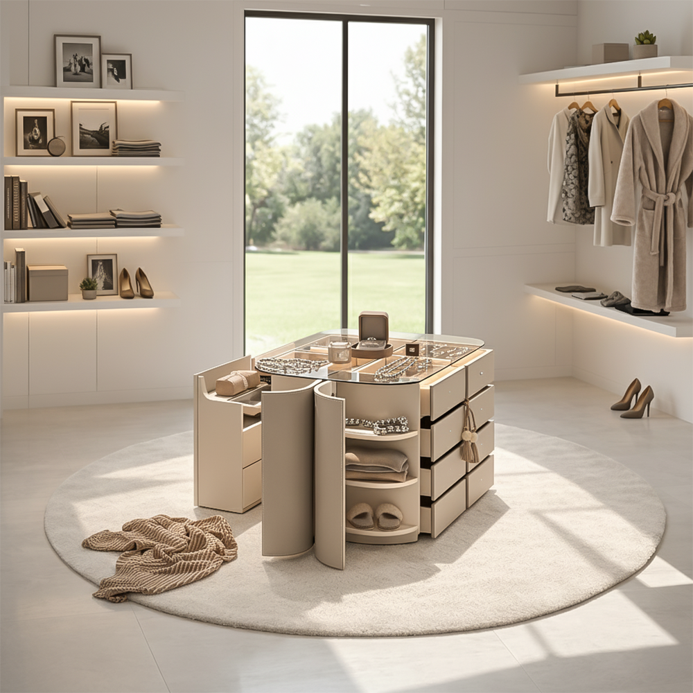 Valmont Center Island Dresser with Bench by BEACON, featuring sleek cabinet doors and a comfortable seating bench, dark wood finish