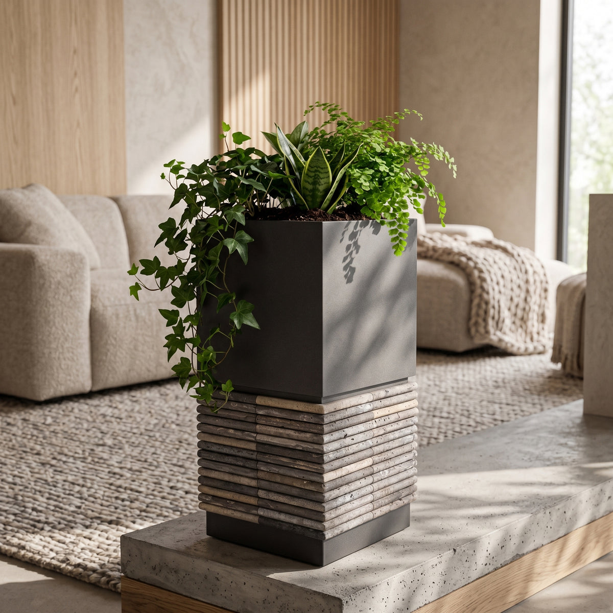BEACON Marl Pedestal 304 stainless steel square planter box with customized design, ideal for outdoor or indoor decorating.
