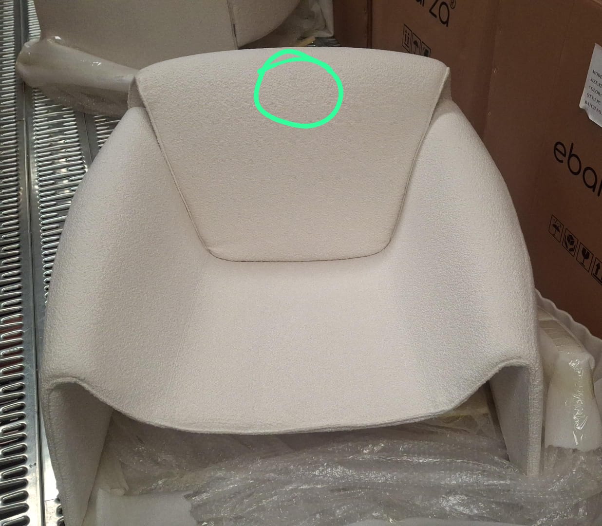 Display image of a BEACON Drancy white armchair in beige fabric, showcasing its modern design and comfortable seating.