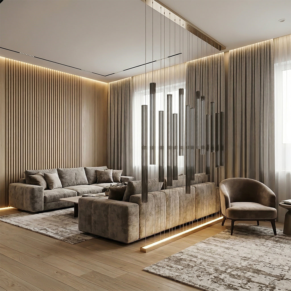 Acrylic inner striped tube wall panel in grey with blue and white stripes, designed for interior wall decor by BEACON.