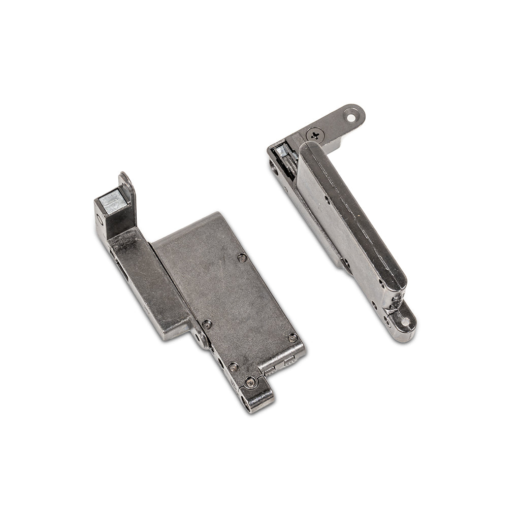 Aluminum glass No. 5 corner guard, hinge, and cover for shelves by BEACON, showcasing sleek metal hardware components.