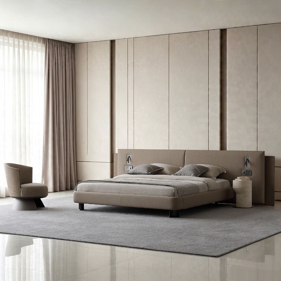 Amorph King Size Bed by BEACON with a sleek wooden frame and modern design, shown from a side view in a bedroom setting.