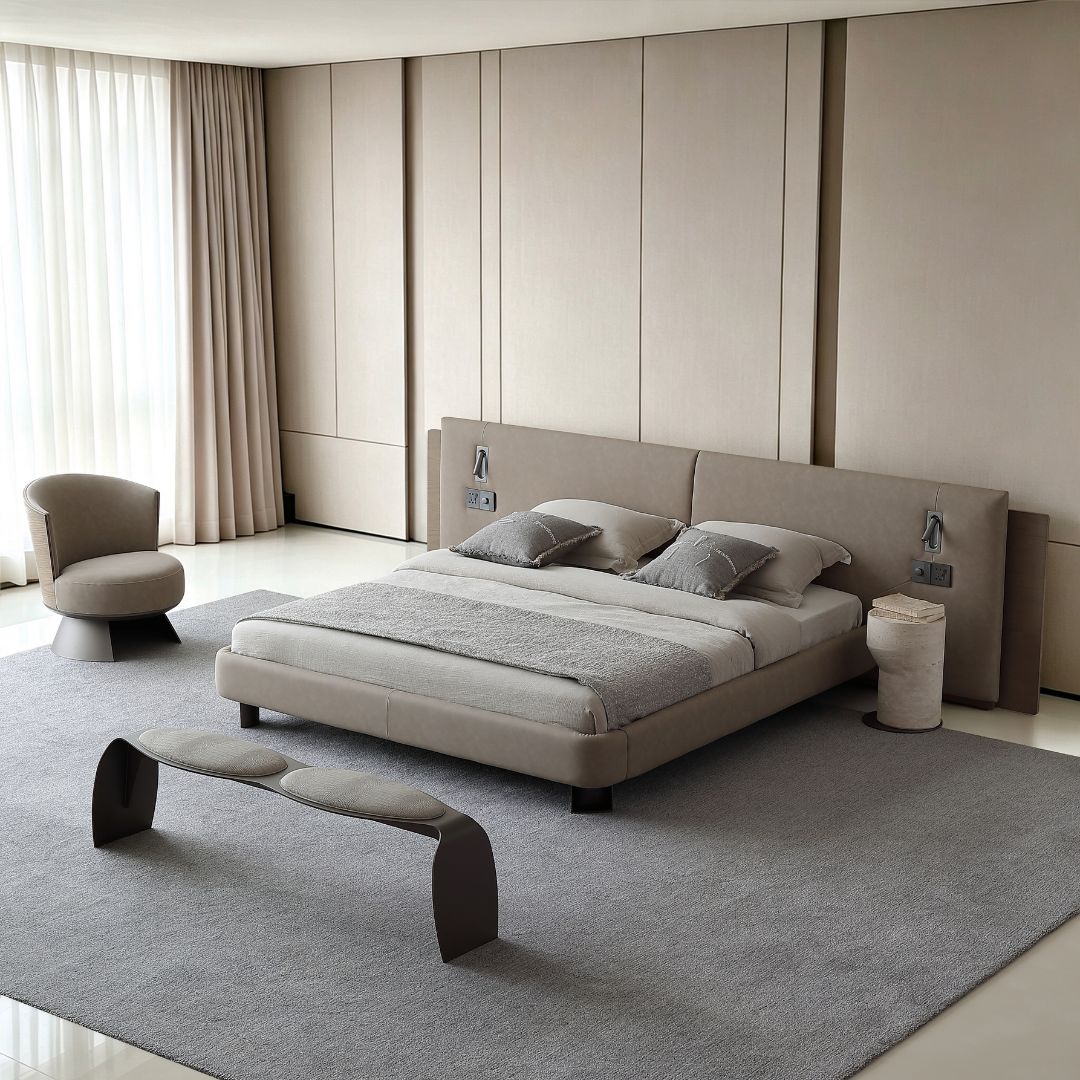 Amorph King Size Bed by BEACON featuring a modern wooden bedstead with a sleek, minimalist design and sturdy frame.