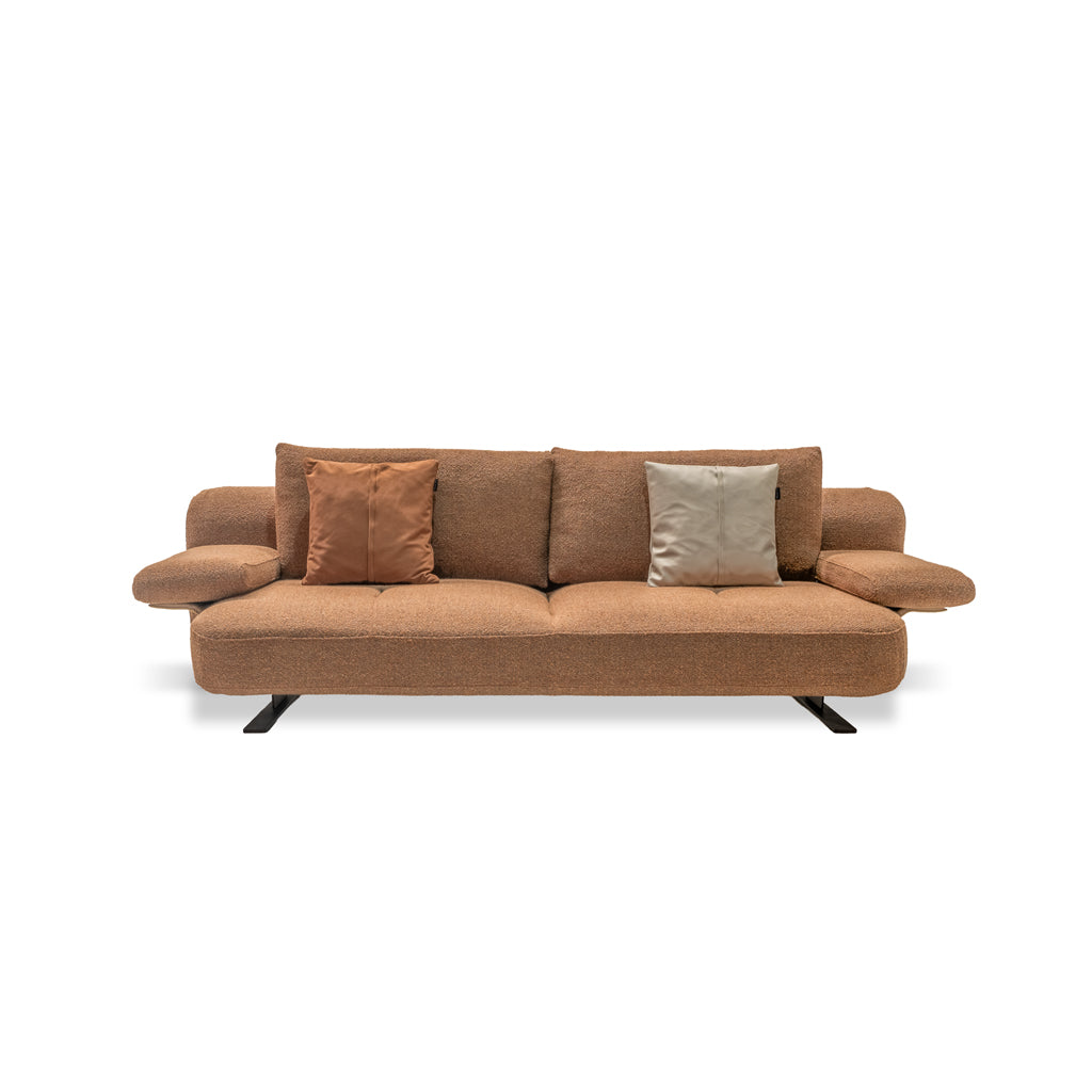 Edge caramel modern 3-seater sofa by HOMAGE KOLTUK featuring sleek design and comfortable cushions in a contemporary living room setting.