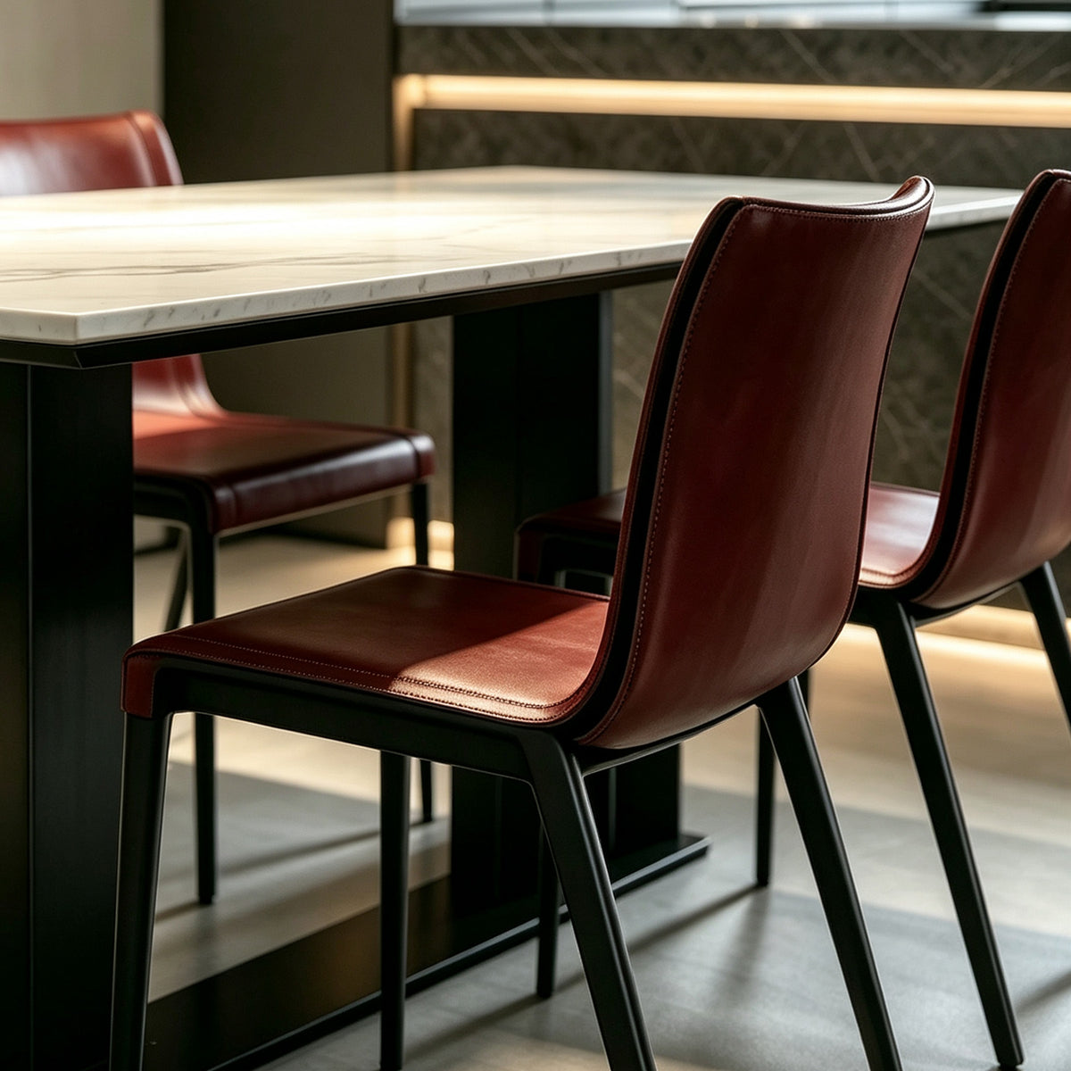 Modern Merlot dining chair by BEACON, featuring a sleek design with cushioned seat and wooden legs for comfortable dining.