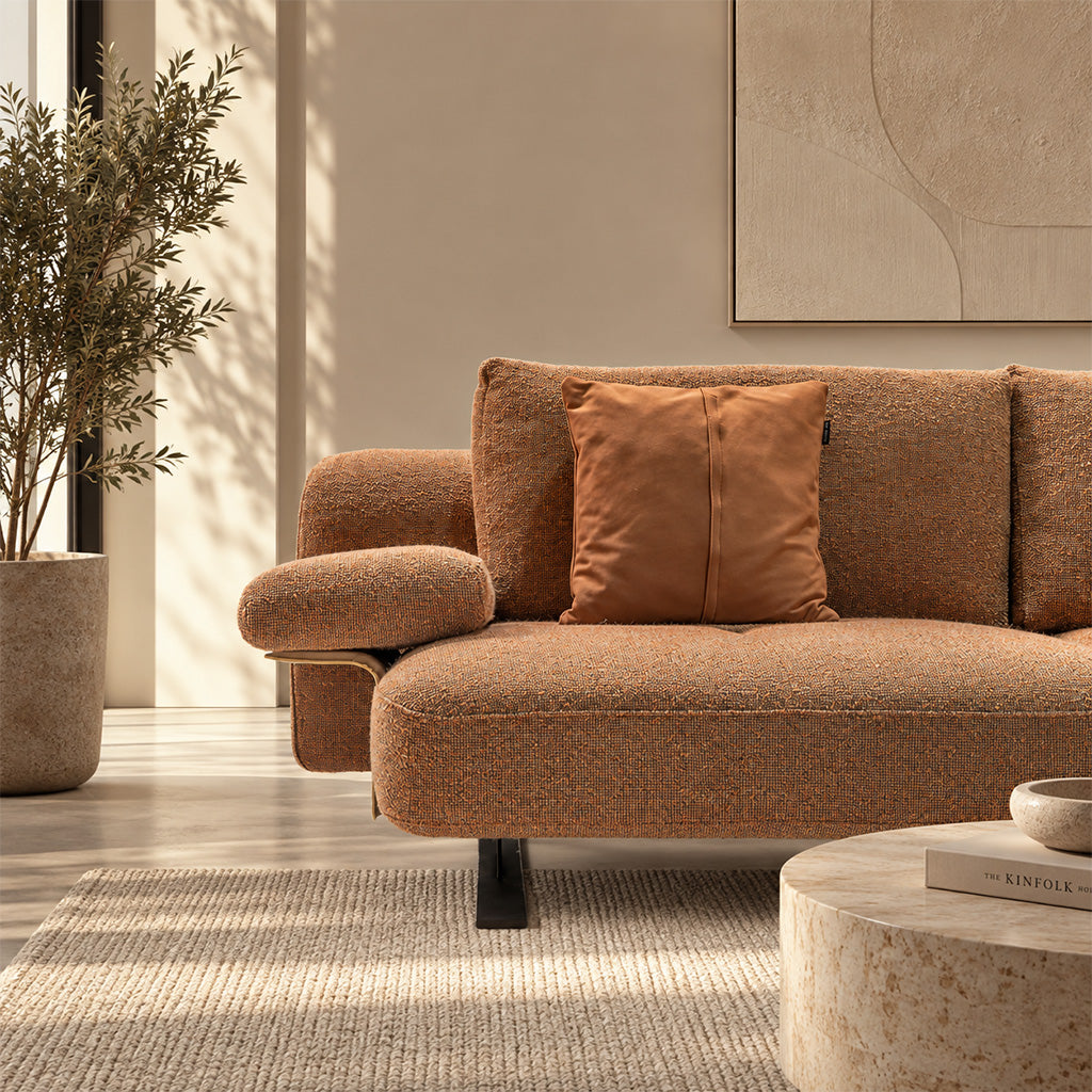 Modern Edge caramel 3-seater sofa by HOMAGE KOLTUK, featuring sleek design and plush cushioning, perfect for contemporary living rooms.