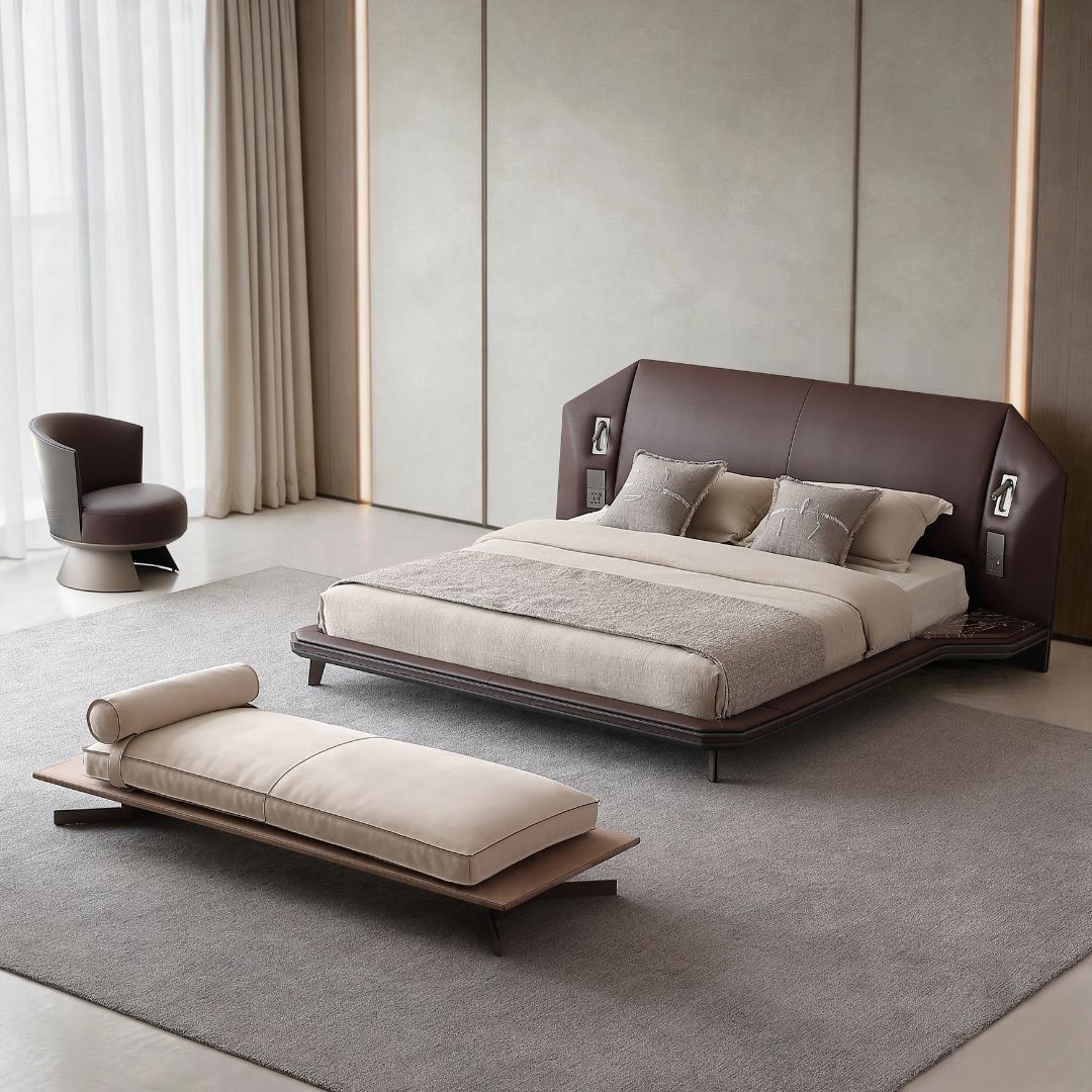 Atrium king size bed by BEACON with a modern wooden frame and neutral upholstery, featuring clean lines and a sturdy design.