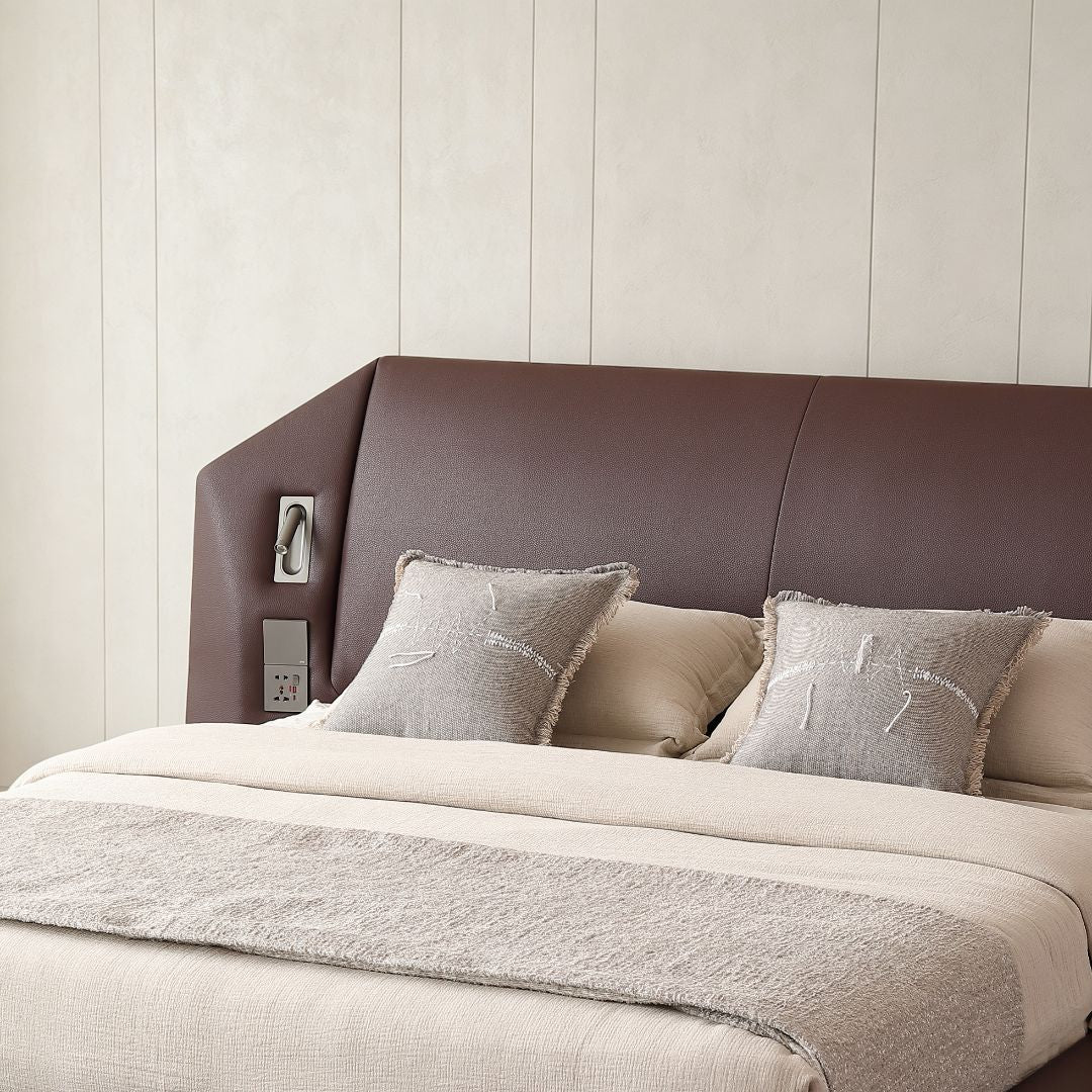 Atrium king size bed by BEACON with a modern wooden frame, featuring a sleek headboard and sturdy construction.