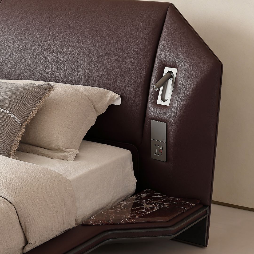 Atrium king size bed by BEACON with a modern wooden frame and clean lines, shown in a well-lit bedroom setting.