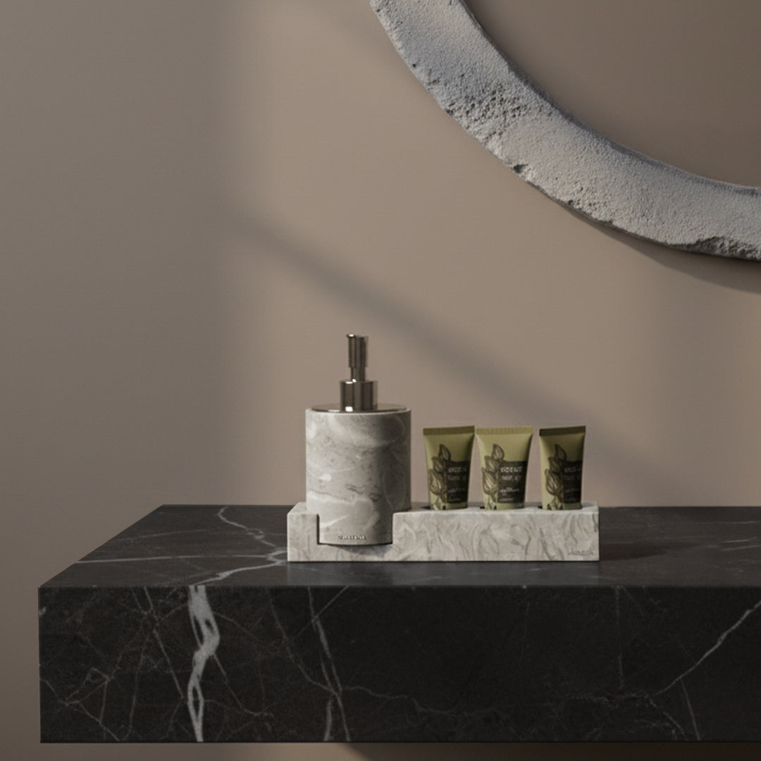 Bawang Flower Marble Toothbrush Holder Set (Cotton Stick Canister Style - Silver Lid) TMC892-1+CBJ892-6 - Bath Sets - ebarza Furniture UAE | Shop Modern Furniture in Abu Dhabi & Dubai - مفروشات ايبازرا في الامارات | تسوق اثاث عصري وديكورات مميزة في دبي وابوظبي