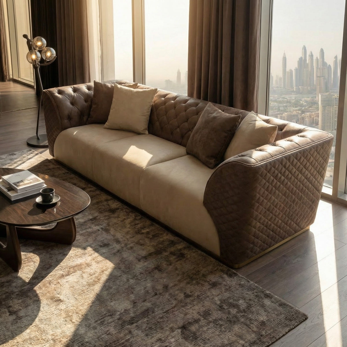 Delfina brown and beige 3-seater sofa by LODA FURNITURE, with classic design and plush cushions, shown in a living room setting.