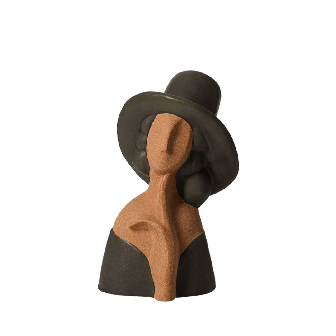 Hand-painted black hat lady ceramic sculpture, home decor figurine by BEACON, detailed artistic ceramic art piece.