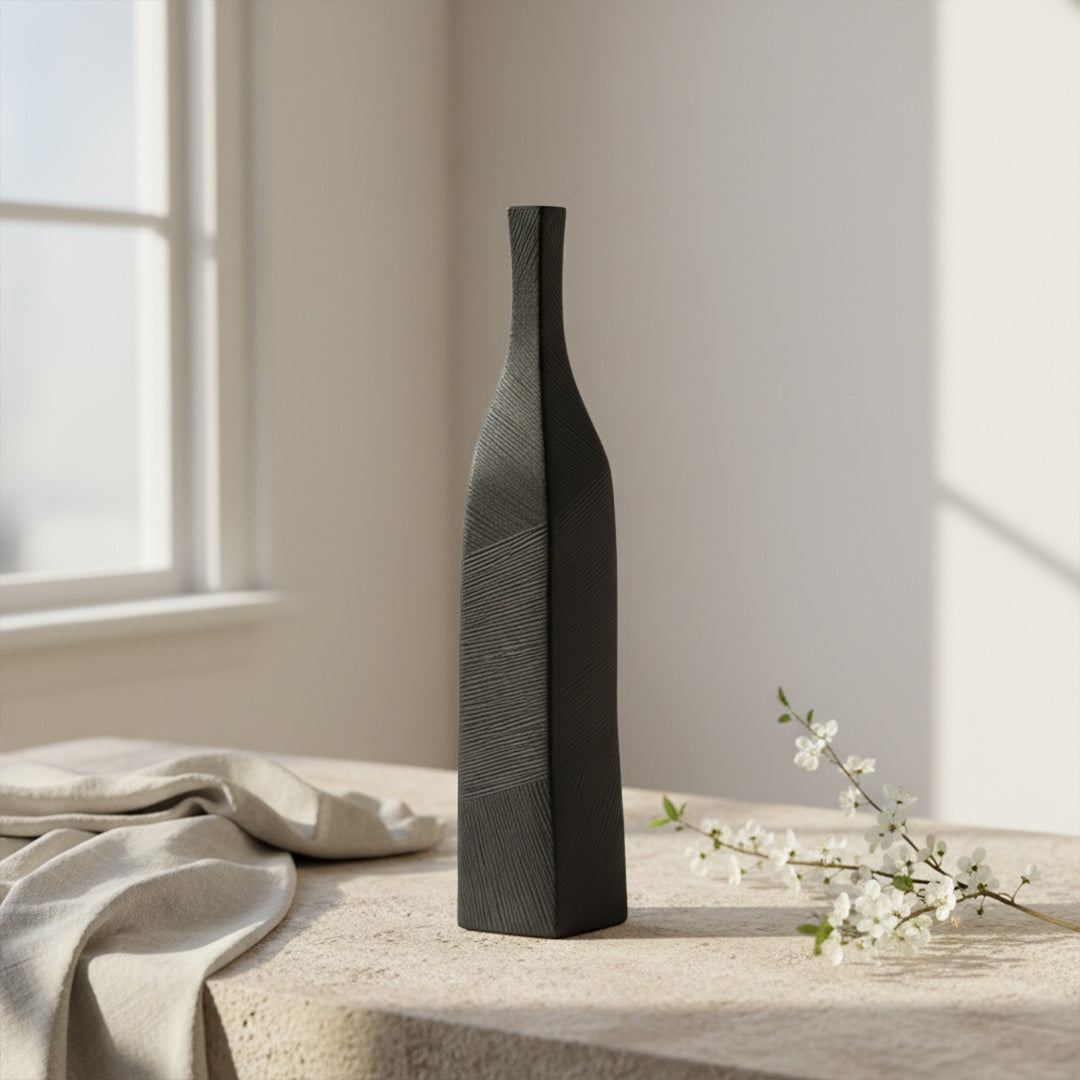 Black Volcanic Large Chizzled Bottle Vase CB4370-55-R633 - Vases - ebarza Furniture UAE | Shop Modern Furniture in Abu Dhabi & Dubai - مفروشات ايبازرا في الامارات | تسوق اثاث عصري وديكورات مميزة في دبي وابوظبي